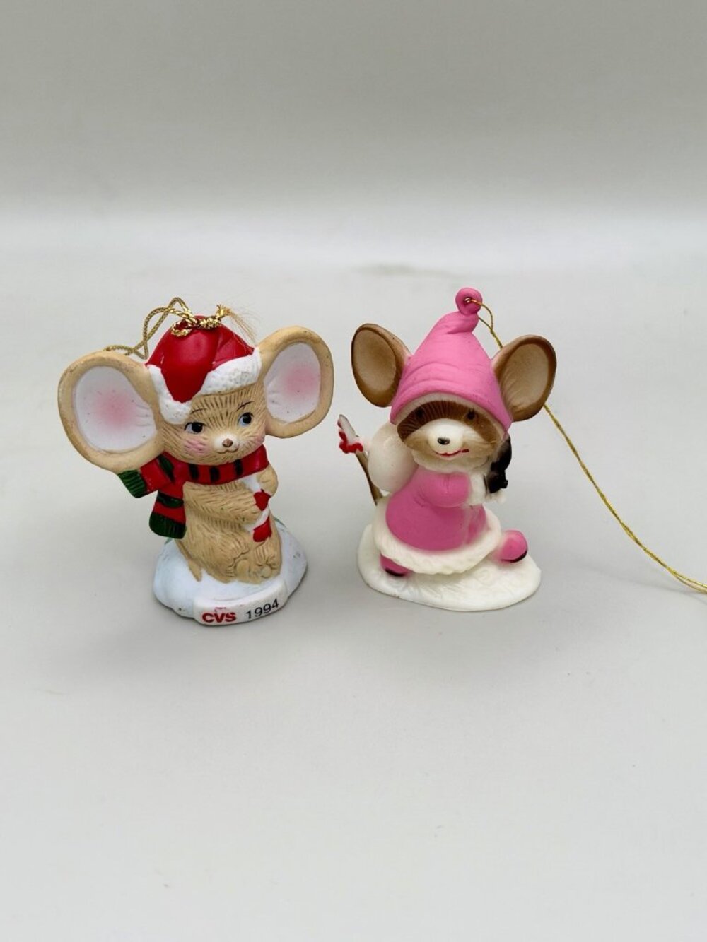 Vintage 90s CVS Christmas Mouse Ornaments Set of 2 Santa Winter Mice Cottage